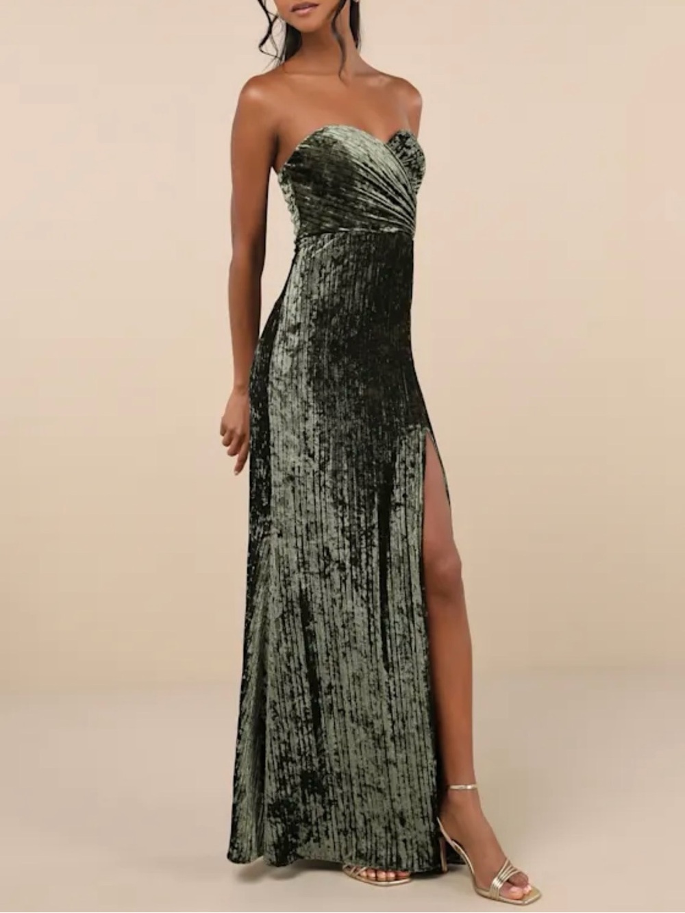 Lulu's Olive Green Strapless Velvet Gown with Side Slit